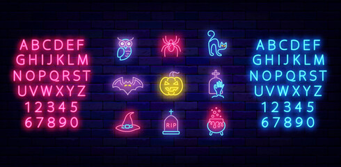 Happy Halloween neon icons collection on brick wall. Pumpkin, spider and cat. Vector stock illustration