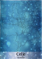 Christmas background, Chirstmas map of Celje Slovenia, greeting card on blue background.