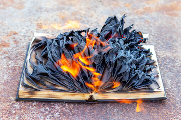 An open book with charred pages is burning