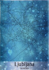 Christmas background, Chirstmas map of Ljubljana Slovenia, greeting card on blue background.