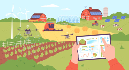 Fototapeta Smart farming management. Digital control agriculture and weather monitoring from internet tablet computer, drone iot technology farming equipments, garish vector illustration obraz