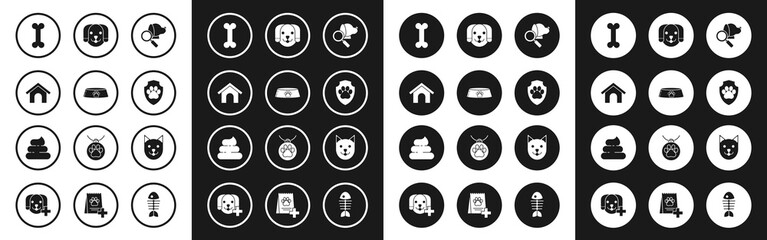 Set Veterinary clinic symbol, Pet food bowl for cat or dog, Dog house, bone, Animal health insurance, Cat and Shit icon. Vector