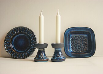 Collection of blue stoneware in mid century design. From Soholm Bornholm Denmark. Design Einar Johansen.