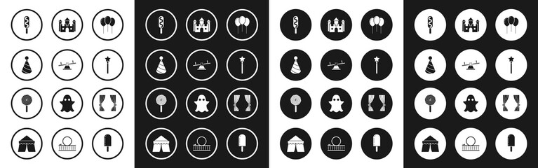 Set Balloons with ribbon, Seesaw, Party hat, Corn dog, Magic wand, Castle, Curtain and Lollipop icon. Vector