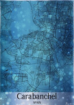Christmas background, Chirstmas map of Carabanchel Spain, greeting card on blue background. © Mappingz