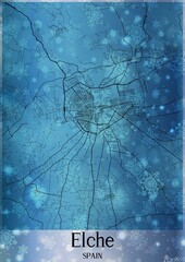 Christmas background, Chirstmas map of Elche Spain, greeting card on blue background.