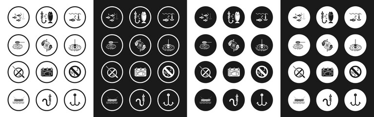 Set Fishing hook under water with fish, net, float, No fishing and icon. Vector