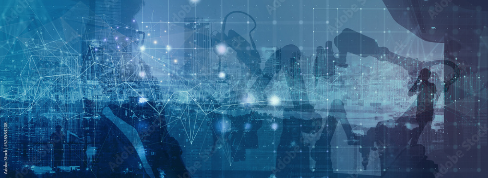 Poster smart entrepreneur woman looking at global business connection technology interface global partner c