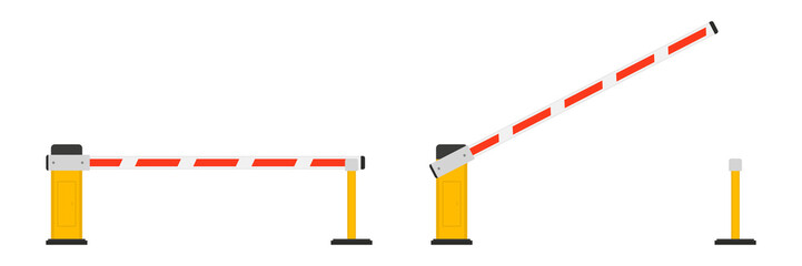 Open and closed car barriers with stop and park signs. Automatic car barrier gate. Construction barricade, road block. Access control concept. Parking payment machine with barrier. Vector illustration © SMUX
