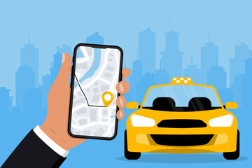 Taxi service. Taxi service application on the screenmobile. Online ordering taxi car. Smartphone screen with route and points location on a city map. Yellow car. Vector illustration © SMUX