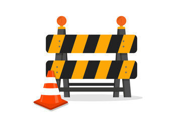 Traffic Road barrier. Road closed, warning barrier. Flat vector illustrations for website under construction page. Warning and stop signs, roadwork, traffic barricade and cone. Safety barricade - obrazy, fototapety, plakaty