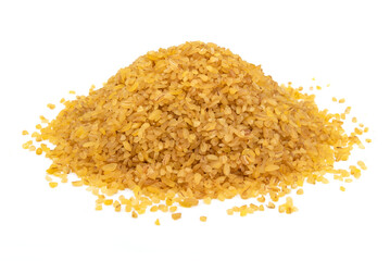 Bulgur wheat isolate. A hill of bulgur grains on a white background