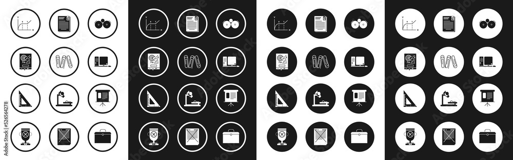 Poster set ringing alarm bell, pie infographic, computer monitor keyboard and mouse, file document paper, p