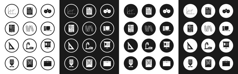 Set Ringing alarm bell, Pie infographic, Computer monitor keyboard and mouse, File document paper, Presentation financial graph, schedule, diagram, pie and Triangular ruler icon. Vector