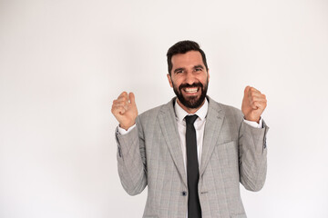 Portrait of joyful bearded man. Male in suit gesturing happily. Portrait, emotion concept