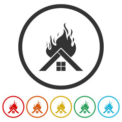 Burning house icon. Set icons in color circle buttons