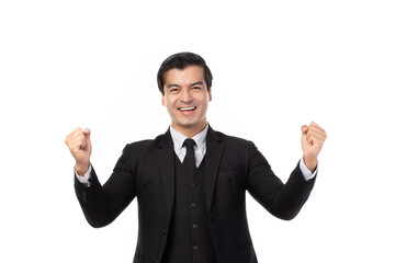 portrait of a confident business man in black suit and smile, expression face isolated on white background. Portrait businessman success concept.
