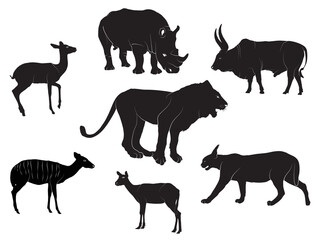collection of African animals silhouette isolated on white background