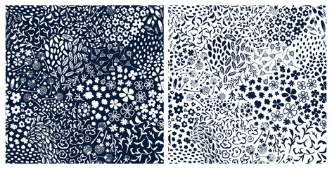 Set of doodled botanical elements seamless repeat pattern. Random placed, hand drawn vector herbs, grasses, branches, flowers, dots all over surface prints.