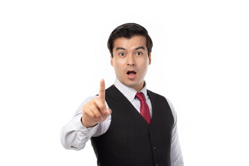 Portrait happy young business man touching in empty screen isolated on white background.