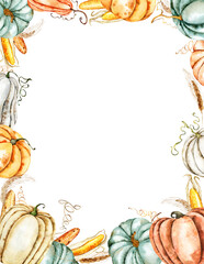 Pumpkin, corn and wheat ears harvest frame. Boho thanksgiving beige watercolor border. Fall boho wedding invitation. Elegant fall harvest bouquet. Autumn, thanksgiving card, menu, greeteng