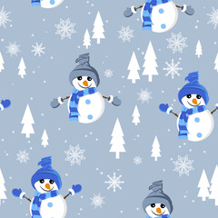 Seamless pattern with snowmen. It is well suited for wrapping paper, textiles. Vector