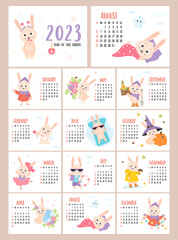 Printable Calendar rabbit 2023. planner organizer. Vector covers and 12 month, horizontal pages. Week from Sunday in English. hare character mascot symbol year. Cute Easter Bunny, Halloween.