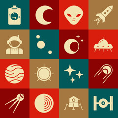 Set Cosmic ship, Satellite, UFO flying spaceship, Alien, Solar system, Astronaut, Planet and Moon and stars icon. Vector © Oksana