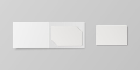 Vector 3d Realistic White Guest Room, Plastic Hotel Apartment Keycard, ID Card, Sale, Credit Card. Design Template with Paper Cover Case, Wallet for Mockup, Branding. Top View