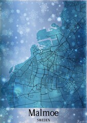Christmas background, Chirstmas map of Malmoe Sweden, greeting card on blue background.