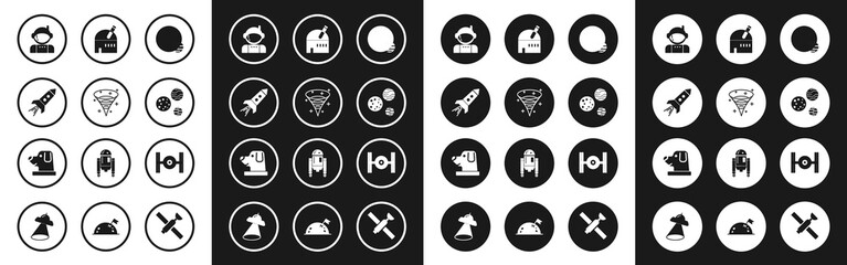 Set Planet, Black hole, Rocket ship with fire, Astronaut, Astronomical observatory, Cosmic and Dog in astronaut helmet icon. Vector
