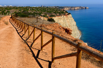 Europe, Portugal, Algarve, Faro district, Lagos, walking and cycling trails on high cliffs between...