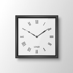 Vector 3d Realistic Square Wall Office Clock with Black Frame, Design Template Isolated on White. Dial with Roman Numerals. Mock-up of Wall Clock for Branding and Advertise Isolated. Clock Face Design