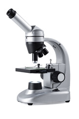 Optical microscope with three objective lenses, scientific appliance in laboratory