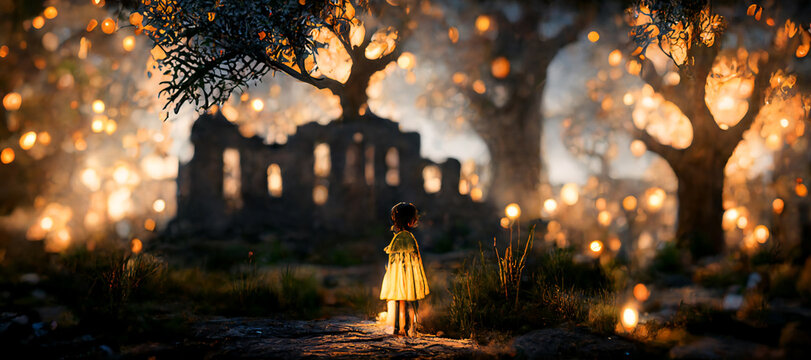 girl looking at the glowing tree formed by the ruins Digital Art Illustration Painting Hyper Realistic