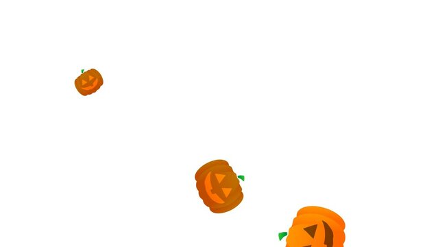Many Halloween pumpkins falling down against white backdrop