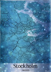 Christmas background, Chirstmas map of Stockholm Sweden, greeting card on blue background.