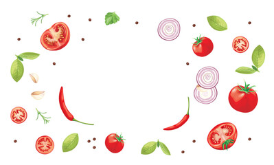 Pizza margarita ingredients frame. Hand drawn tomatoes, basil and mozzarella. Italian food design template. Menu background. Fresh pizza package design