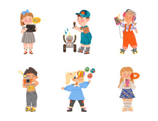 Cute Kids Using Smart Mobile Gadget and Electronic Device Vector Set