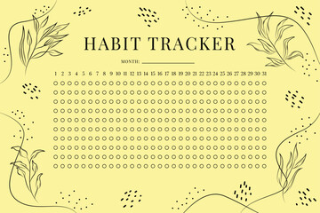 Habit tracker. Monthly planner. Monthly planner habit tracker blank template. Vector illustration. Minimal style. Clean style. Daily to do.