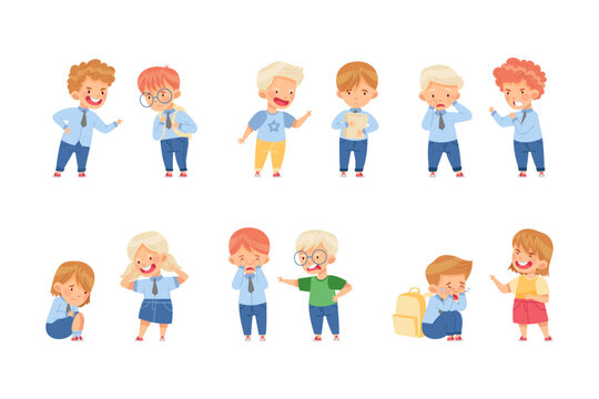 Angry Kids Bullying and Abusing the Weak Agemate Teasing and Laughing at Them Vector Set