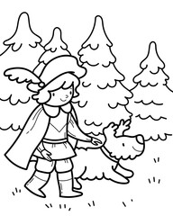 Vector contour drawing with fairy tale character in forest. Page for coloring book with young prince with dog.
