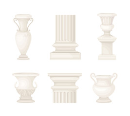 Antique Stone Column or Pillar and White Ceramic Vase in Ionic Style and Ancient Ornament Vector Set