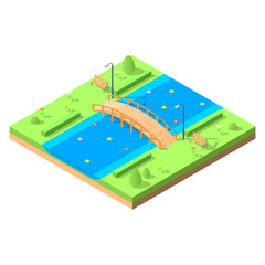 Abstract Isometric 3D Green Park With Bridge Over River Bushes Lanterns Flowers Vector Design Style Relax Travel Garden Nature Water
