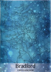 Christmas background, Chirstmas map of Bradford United Kingdom, greeting card on blue background.