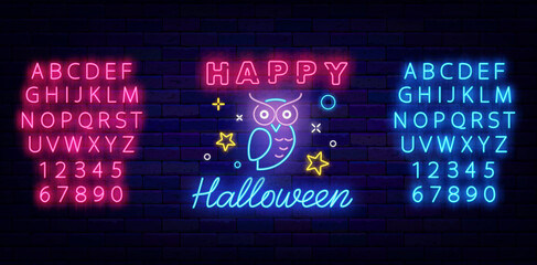 Happy Halloween neon label on brick wall. Owl icon. Shiny blue and pink alphabet. Vector stock illustration