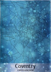 Christmas background, Chirstmas map of Coventry United Kingdom, greeting card on blue background.