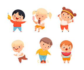 Little Kids with Overweight and Body Fat Engaged in Different Activity Vector Set