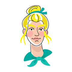 Portrait of a cute young woman with blond hair. Line style with colored spots. Isolated on white background. Vector flat illustration