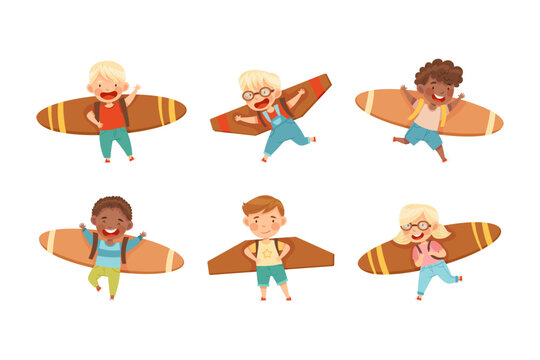 Cheerful Kids with Improvised Fake Wings Flying and Playing Vector Set